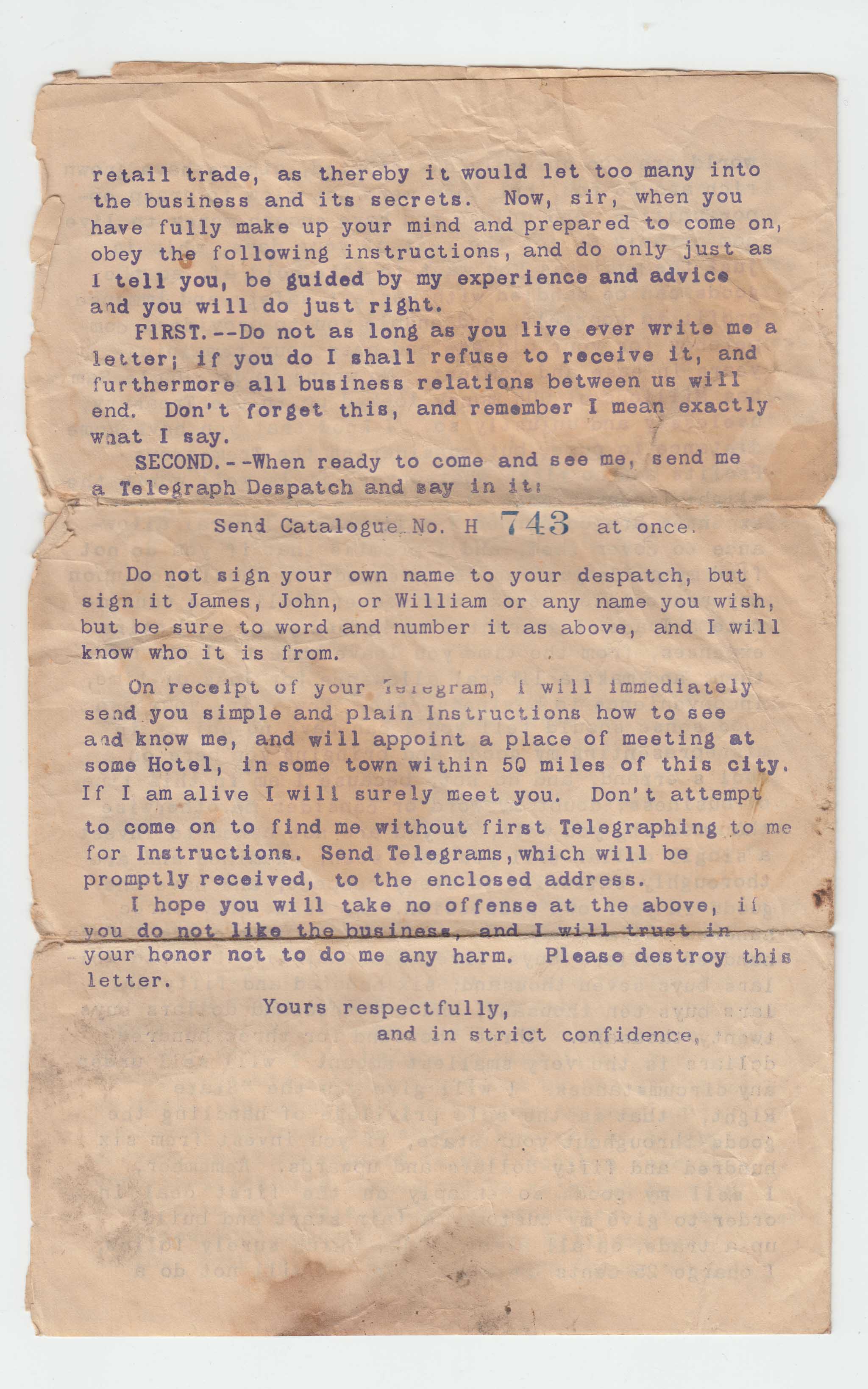 HBC006, 1890? Letter, Confidential Offering Counterfeit Bills